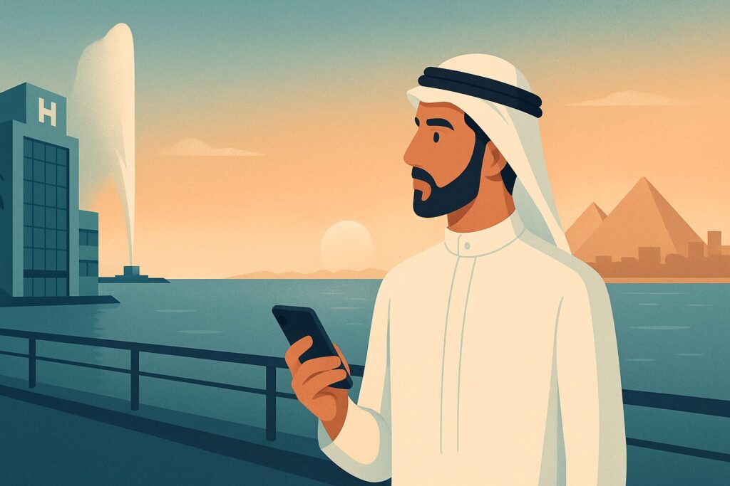 رسم توضيحي لرجل على كورنيش جدة يقارن بين زراعة الشعر في جدة والسفر إلى مصر