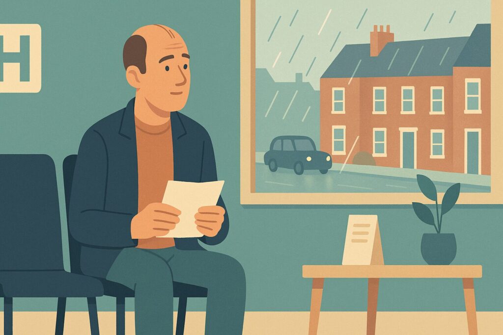 Illustration of a man in a UK clinic waiting room reading a letter about whether a hair transplant is available on the NHS