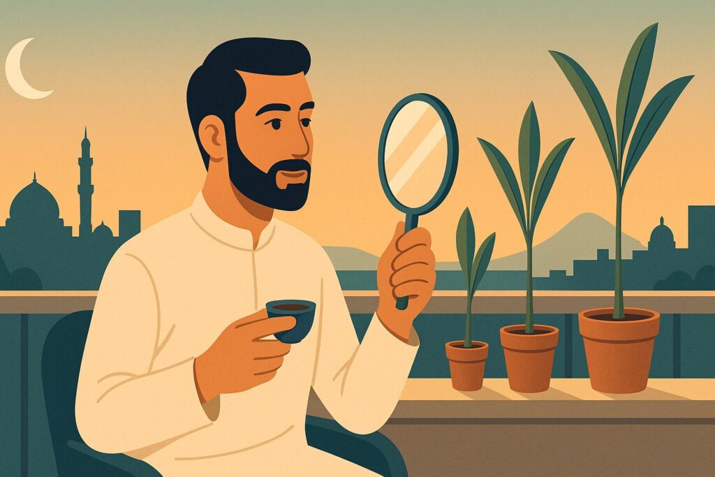 رسم توضيحي لرجل عربي يتأمل مرآته بجوار شتلات نخيل تنمو تدريجياً رمزاً لنتائج زراعة الشعر شهراً بشهر