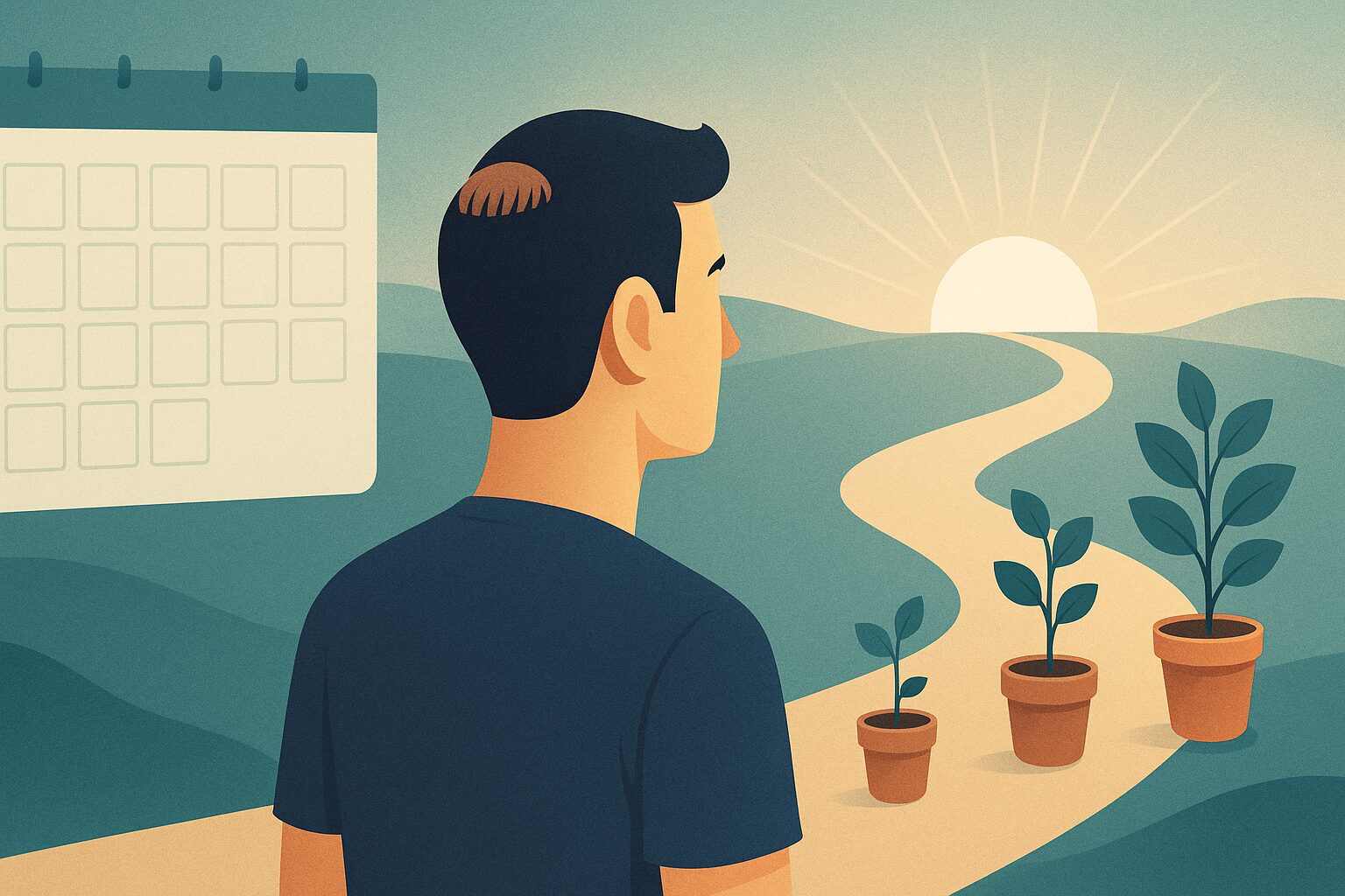 Illustration of a man walking a path of plants growing step by step, symbolising hair transplant results month by month