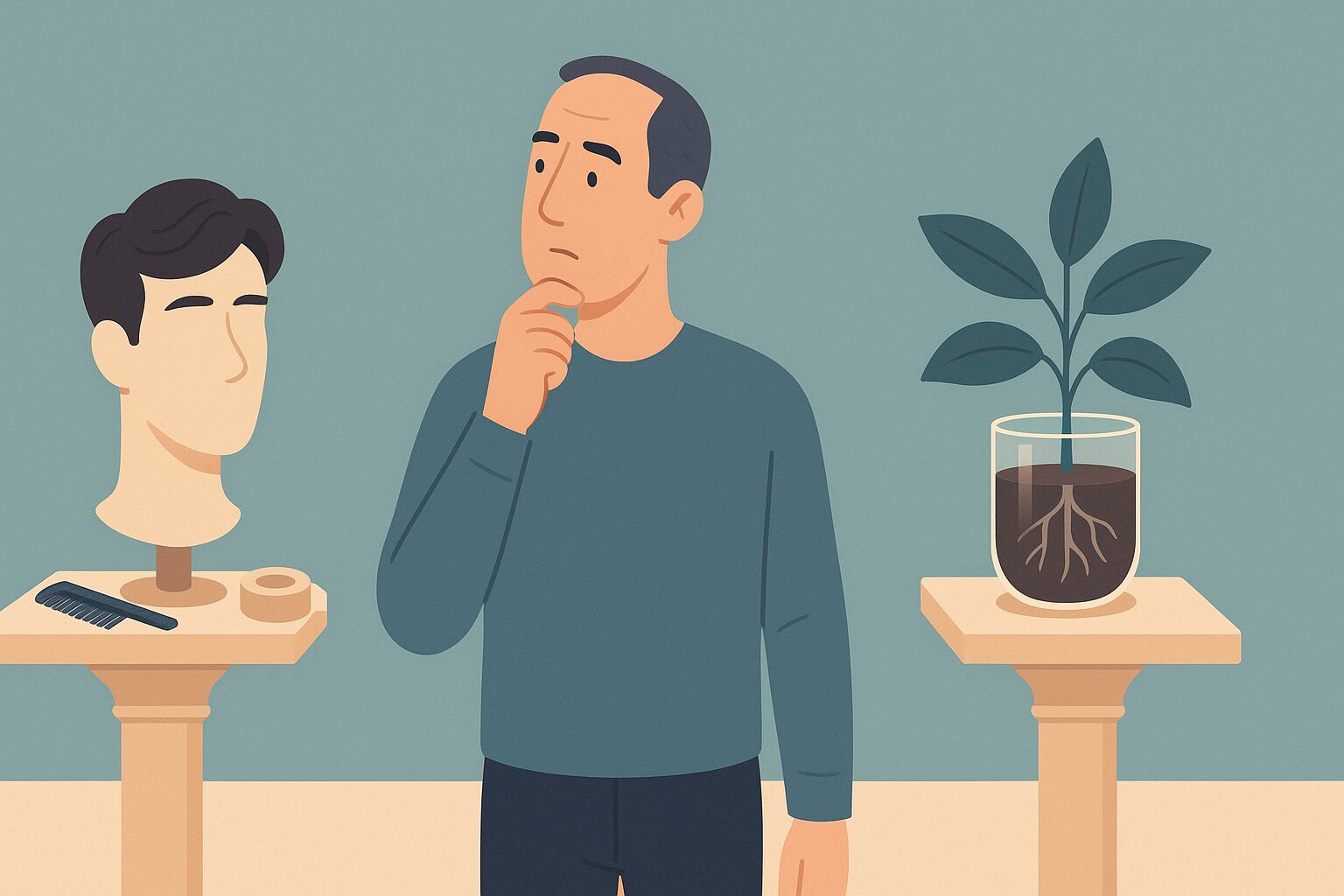 Illustration of a man comparing a hair system on a mannequin with a rooted plant symbolising a permanent hair transplant