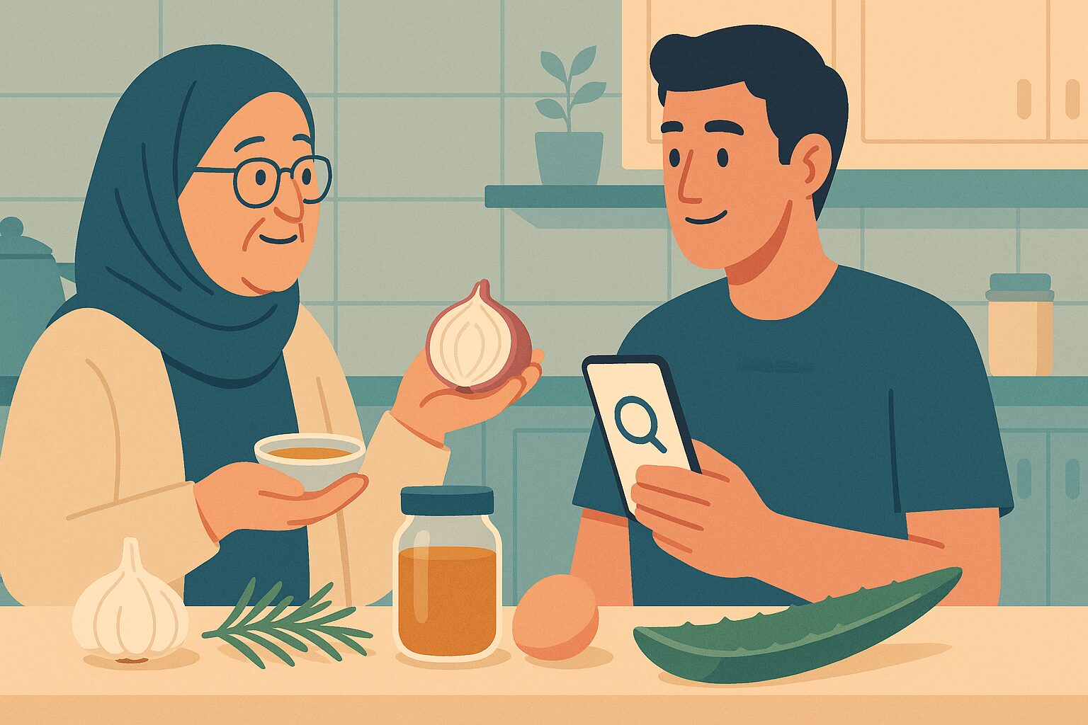 رسم توضيحي لجدة تقدم وصفات منزلية لتساقط الشعر لحفيدها الذي يتحقق من الأدلة