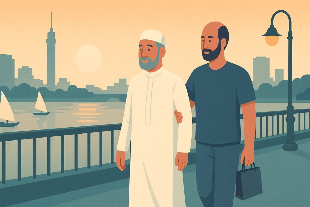 رسم توضيحي لأب وابنه يتمشيان على كورنيش النيل خلال أيام البقاء في مصر لزراعة الشعر