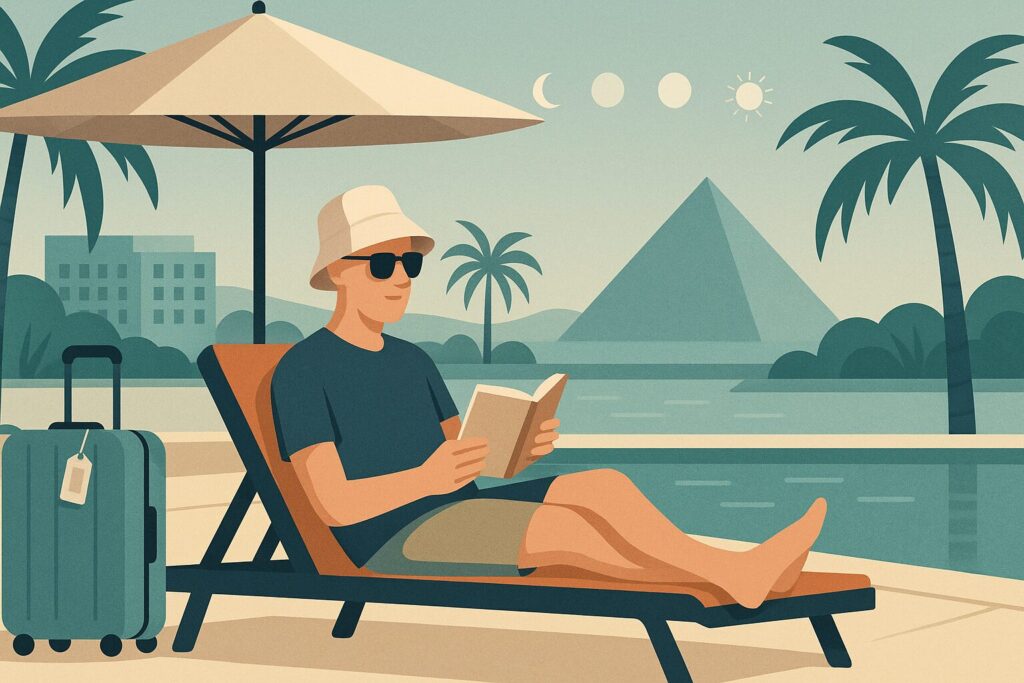 Illustration of a UK patient resting in the shade by a Cairo hotel pool during his stay in Egypt for a hair transplant