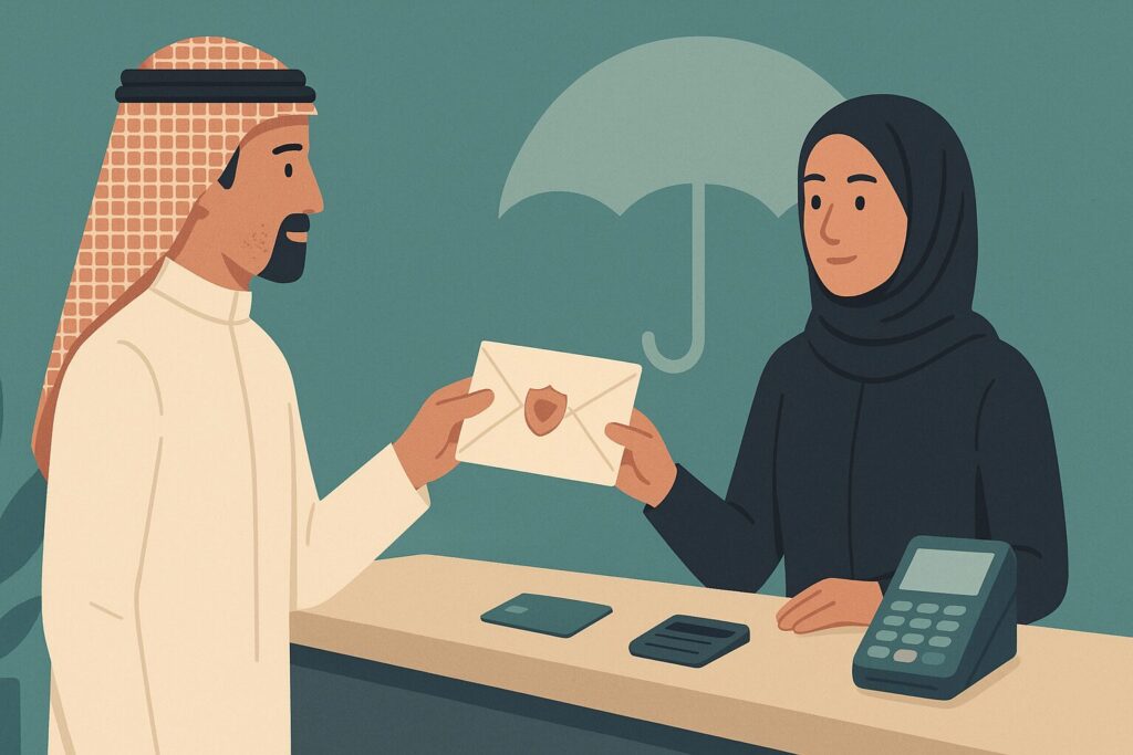رسم توضيحي لرجل سعودي يستلم التزاماً مكتوباً من العيادة ويدفع بأمان لأن التأمين لا يغطي زراعة الشعر في الخارج غالباً