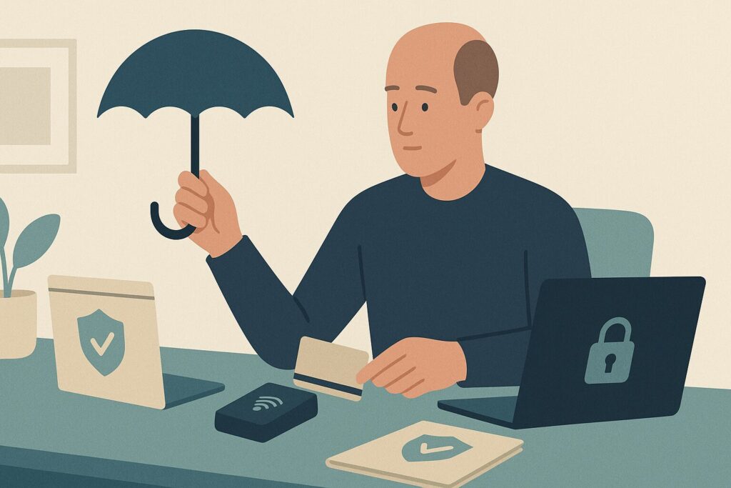Illustration of a man checking insurance gaps and paying safely by card for a hair transplant abroad
