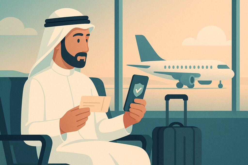 رسم توضيحي لمسافر خليجي في صالة المطار يتأكد من أمان السفر لزراعة الشعر في الخارج