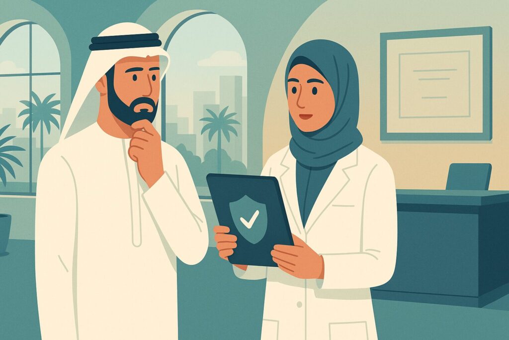 رسم توضيحي لطبيبة تطمئن مريضاً خليجياً في عيادة حديثة بالقاهرة الجديدة حول أمان زراعة الشعر في مصر