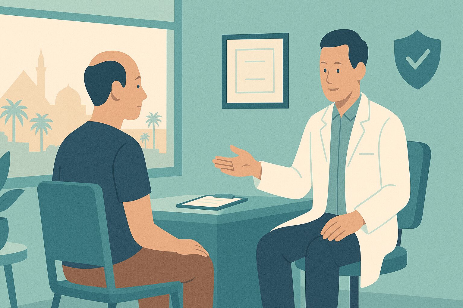 Illustration of a doctor reassuring a patient in a modern licensed clinic about hair transplant safety in Egypt