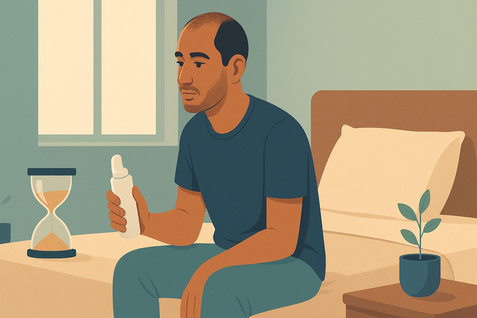 رسم توضيحي لشاب يستخدم المينوكسيديل للشعر وينتظر النتائج بصبر بجوار ساعة رملية