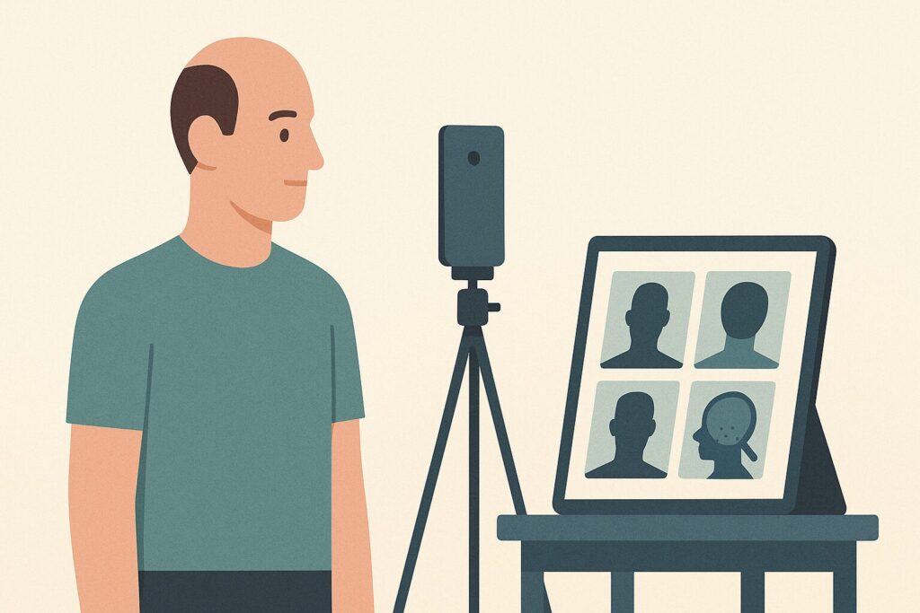 Illustration of a man taking standardised photos for an online hair transplant consultation and what they can show