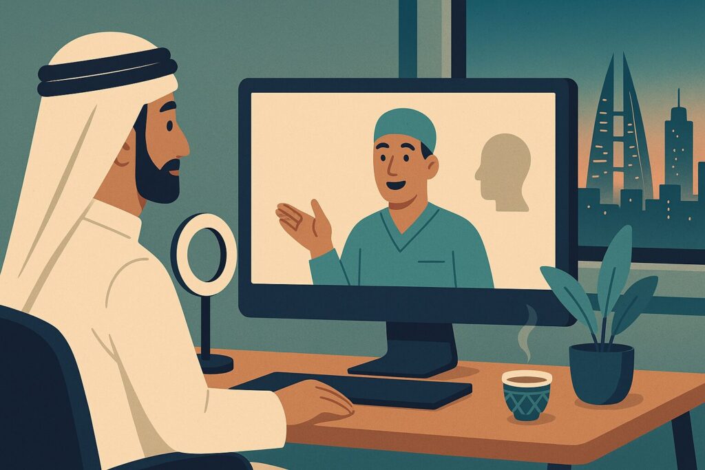 رسم توضيحي لرجل بحريني في مكالمة فيديو مع جراح مصري لاستشارة زراعة الشعر أونلاين قبل السفر