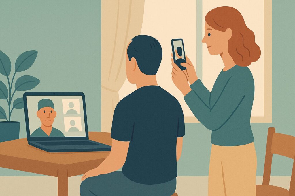 Illustration of a couple taking scalp photos at home for an online hair transplant consultation before flying