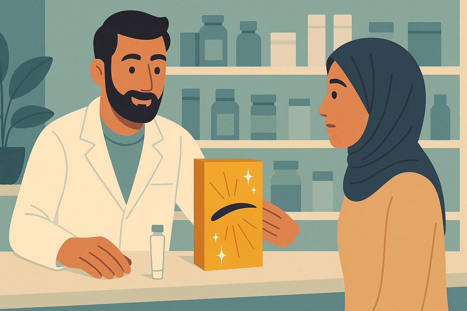 رسم توضيحي لصيدلي ينصح فتاة بمنتج تكثيف الحواجب من الصيدلية الذي له دليل بدلاً من منتجات التسويق