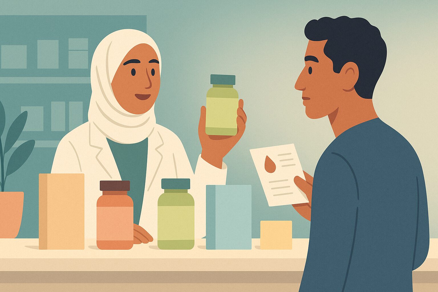 رسم توضيحي لصيدلانية تشرح لشاب الفرق بين حبوب الشعر من الصيدلية مثل البيوتين والفيروجلوبين