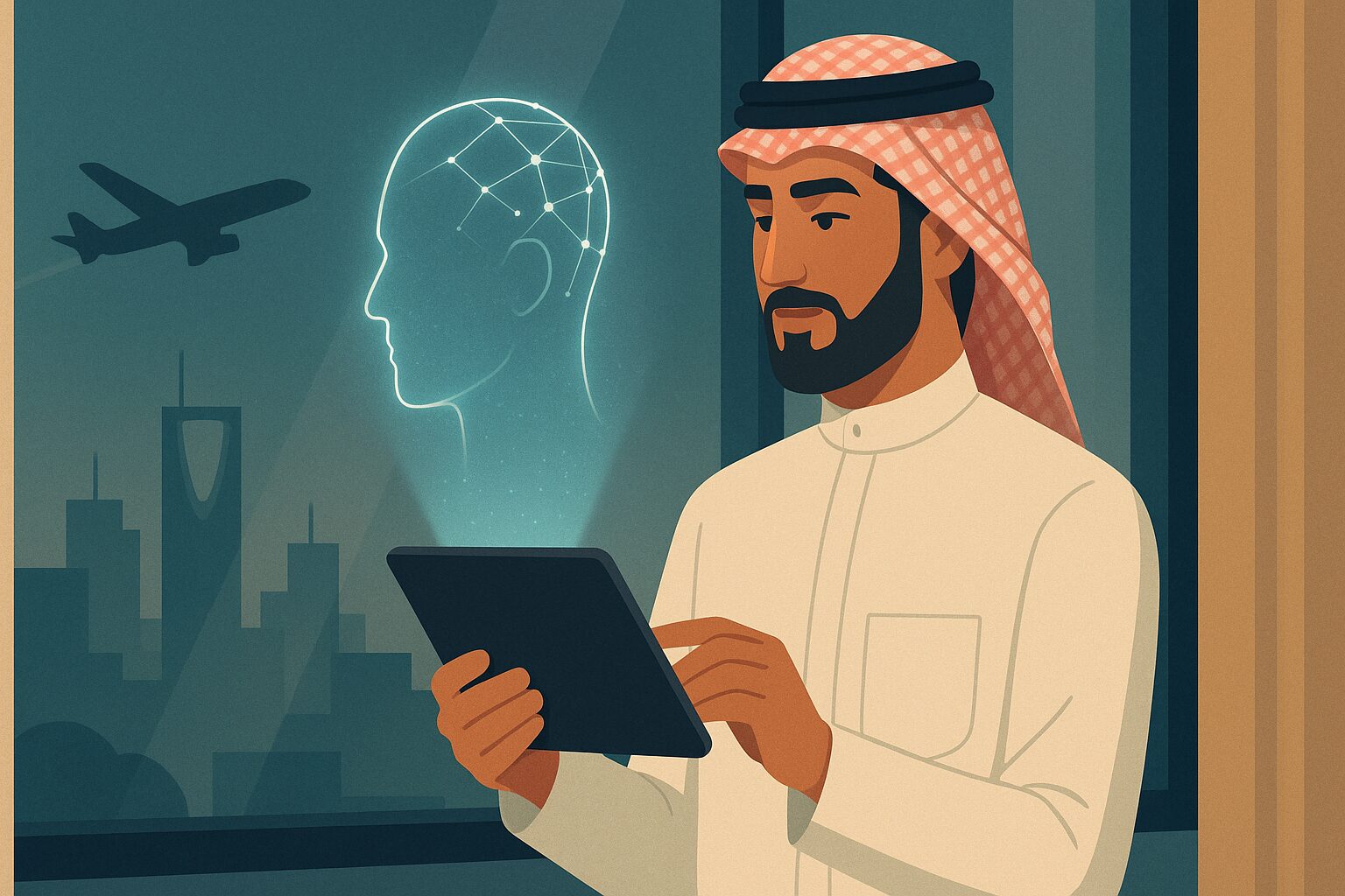 رسم توضيحي لرجل سعودي يستخدم تحليل الشعر بالذكاء الاصطناعي على جهازه اللوحي ليخطط لزراعة الشعر قبل السفر
