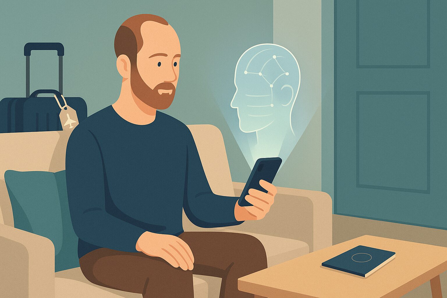 Illustration of a man using an AI hair analysis on his phone to plan his hair transplant before flying abroad