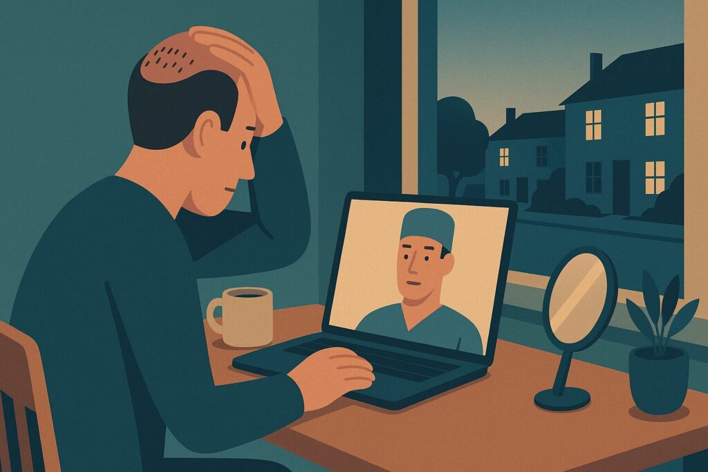 Illustration of a patient back home on a video call with his surgeon about a poor hair transplant result abroad