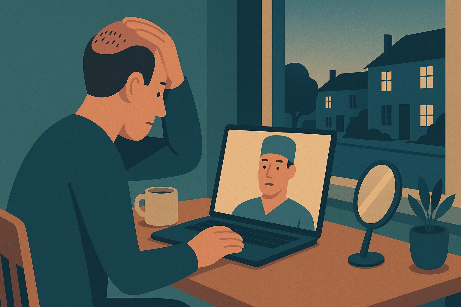 Illustration of a patient back home on a video call with his surgeon about a poor hair transplant result abroad