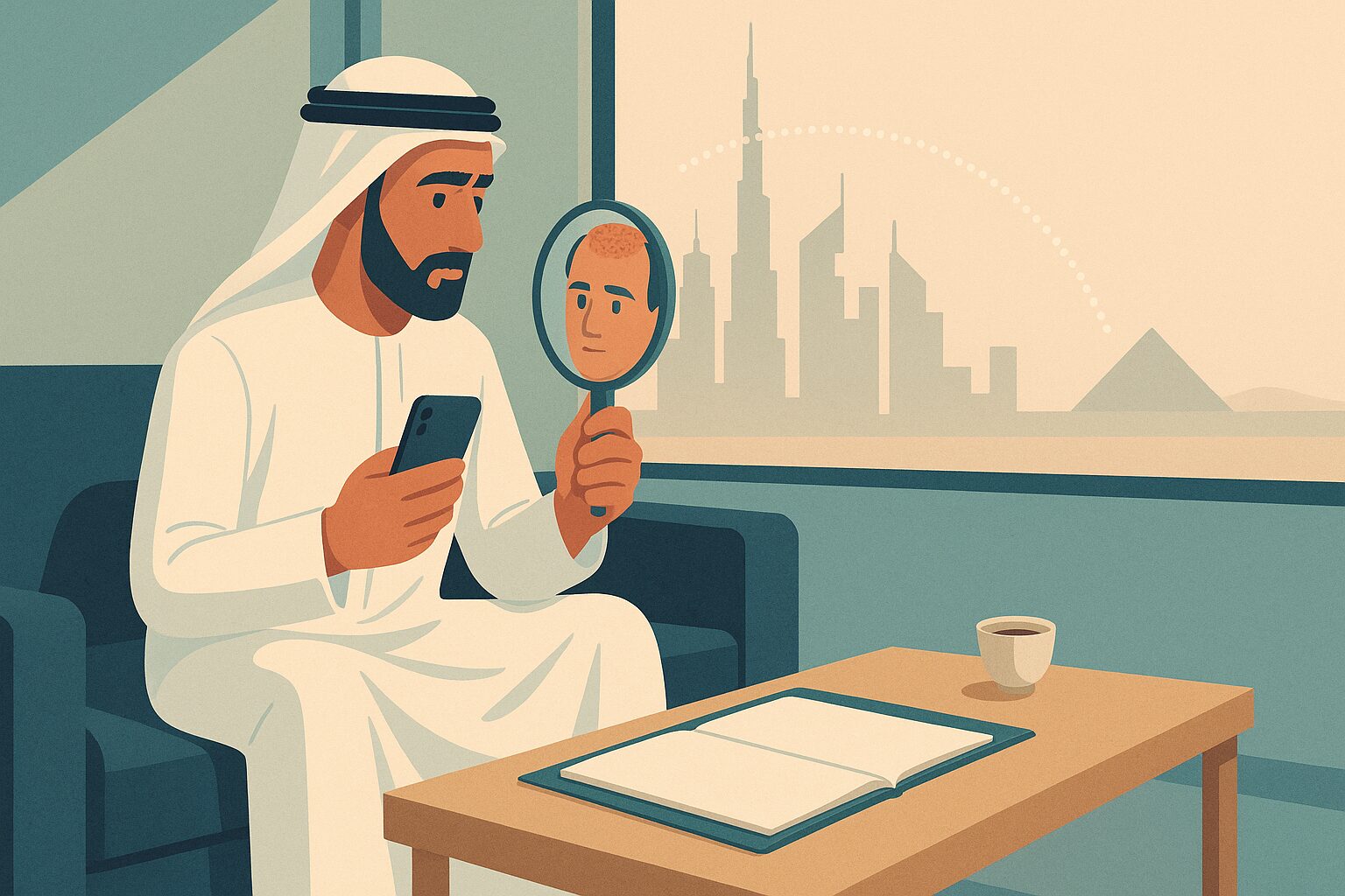 رسم توضيحي لمريض إماراتي في منزله يتواصل مع العيادة بعد نتيجة زراعة شعر غير مرضية