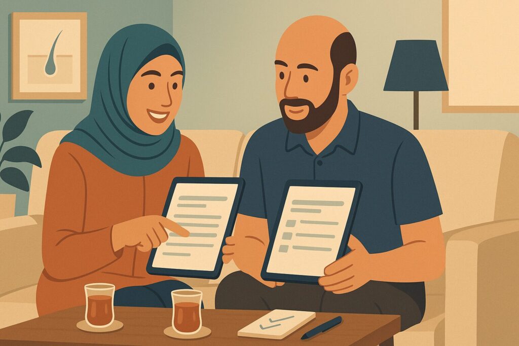 رسم توضيحي لزوجين مصريين يقارنان بين عرضَي سعر زراعة الشعر على جهازين لوحيين