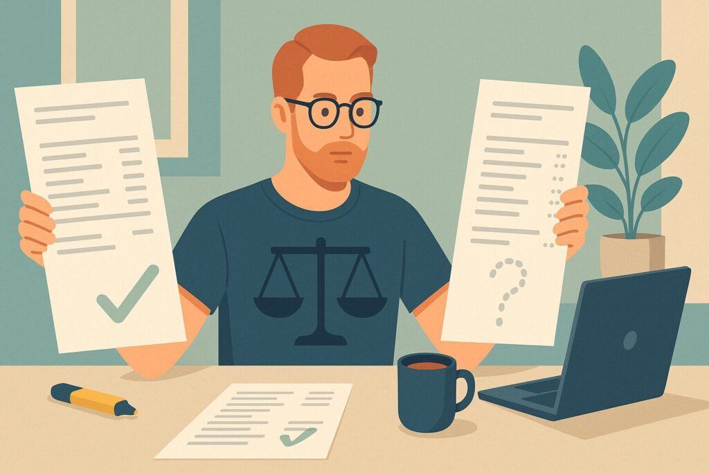 Illustration of a man comparing two hair transplant quotes side by side with a balance scale