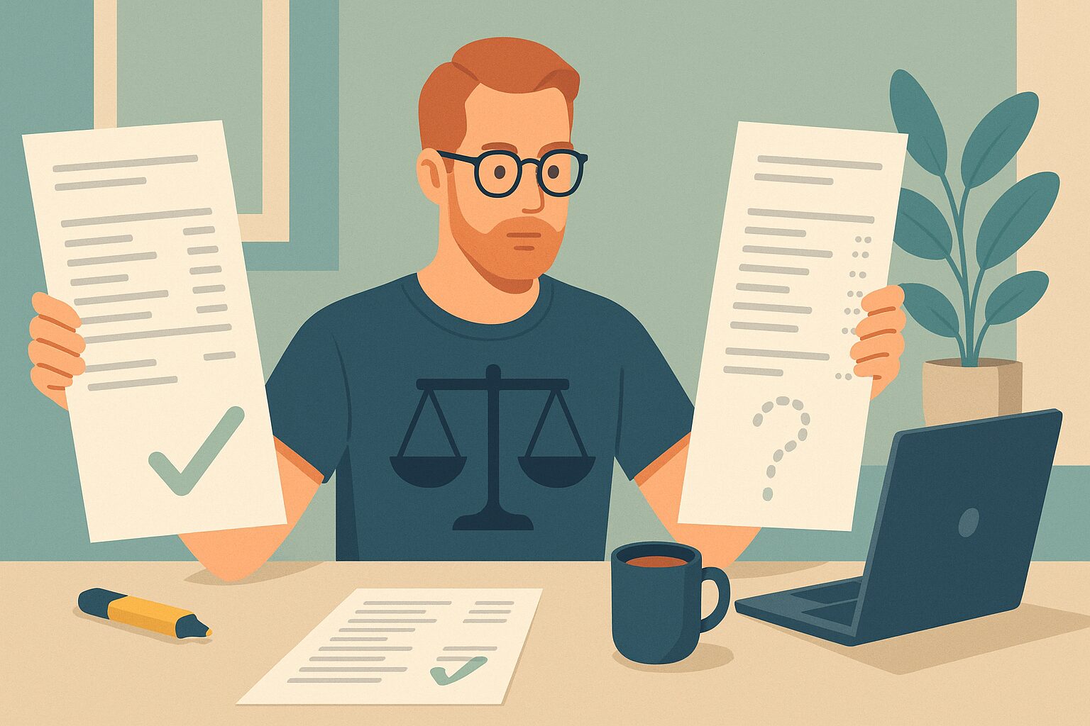 Illustration of a man comparing two hair transplant quotes side by side with a balance scale