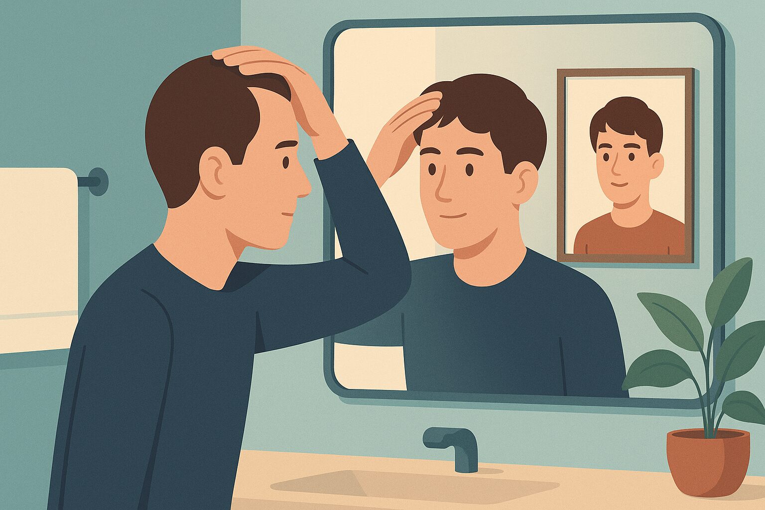 Illustration of a young man checking his receding hairline in the mirror next to a picture of his younger self
