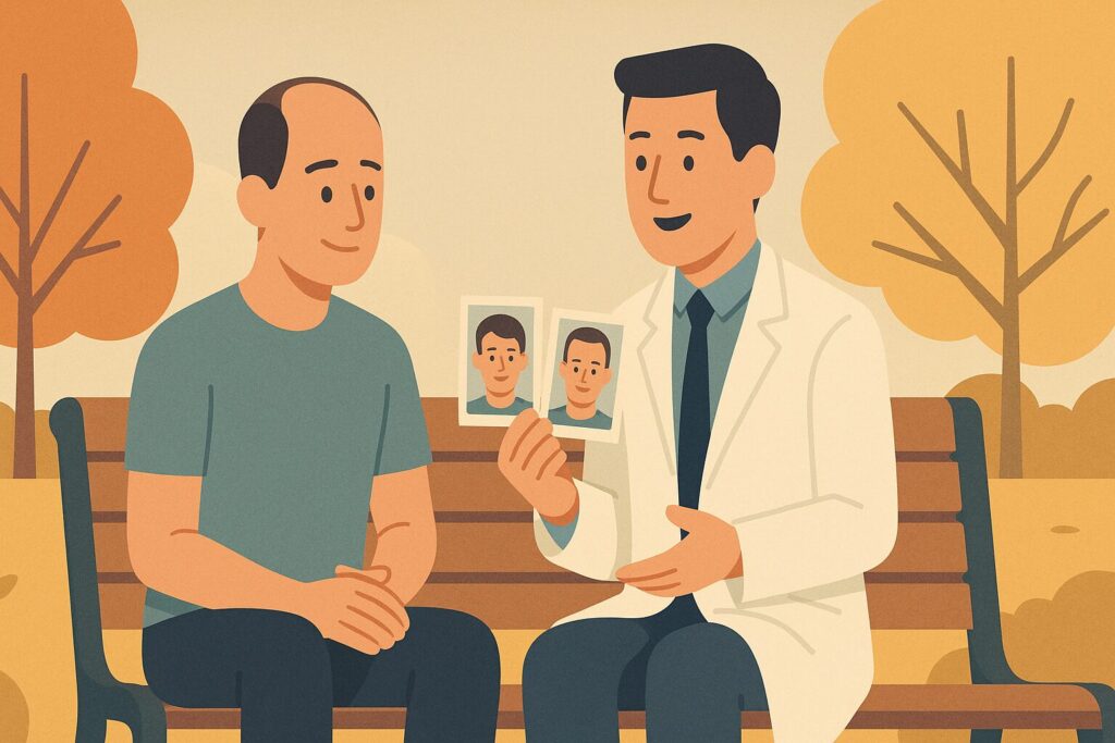 Illustration of a dermatologist showing a young man photos of himself at different ages to tell a maturing hairline from a receding one