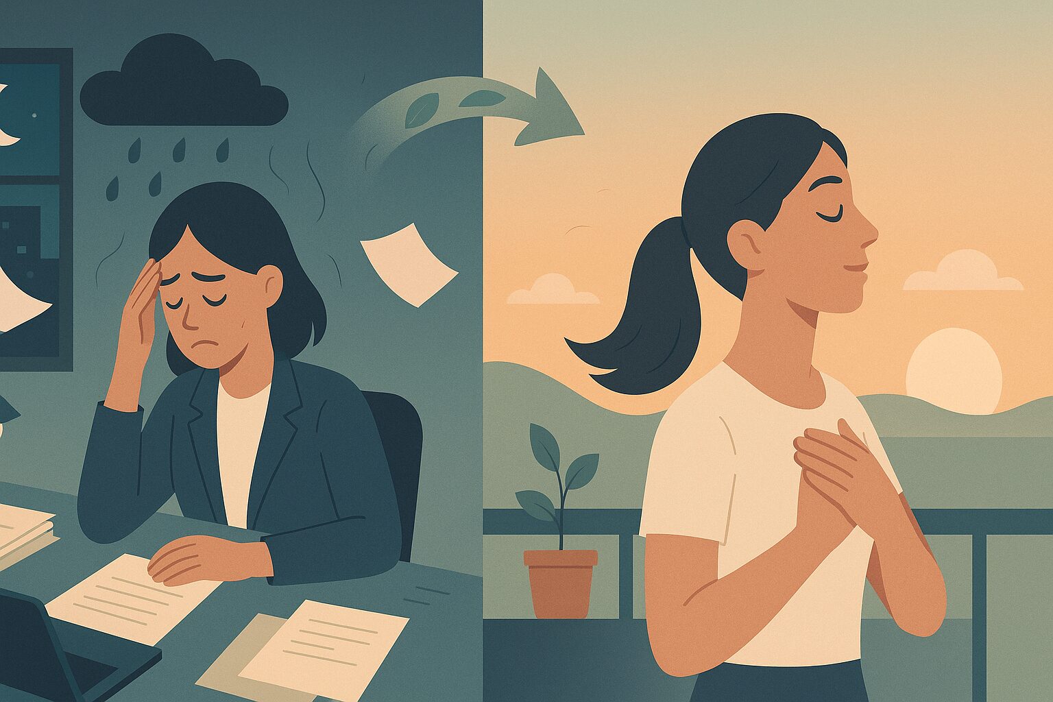 Illustration of a stressed woman shedding hair and later recovering calmly, showing that stress hair loss is often temporary