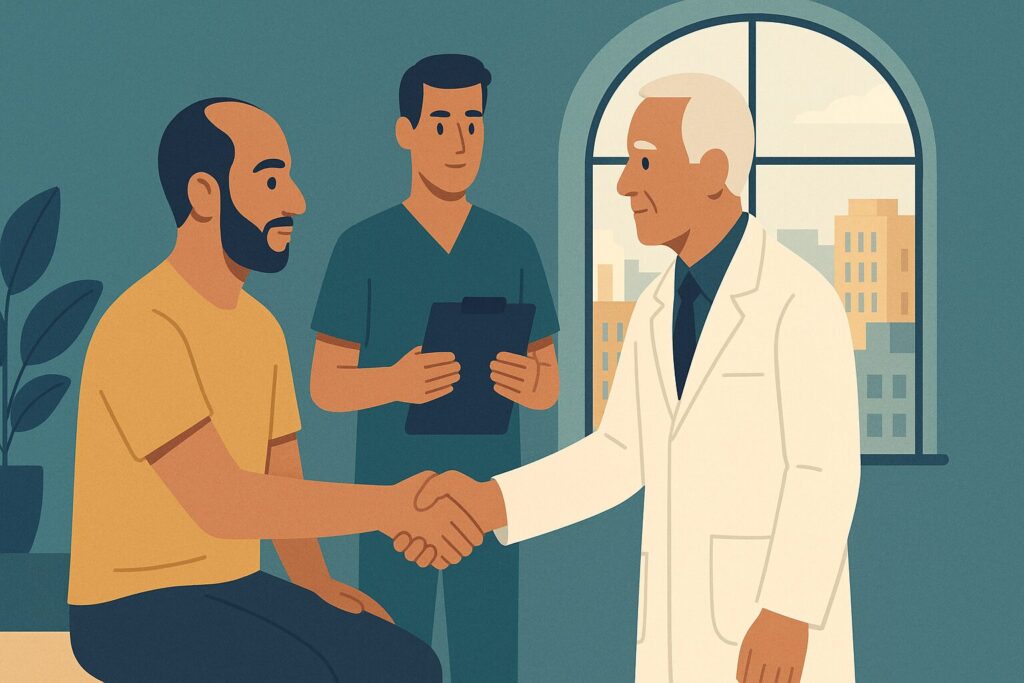 رسم توضيحي لمريض يصافح الجراح بينما يقف الفني خلفه لتوضيح من يجري عملية زراعة الشعر