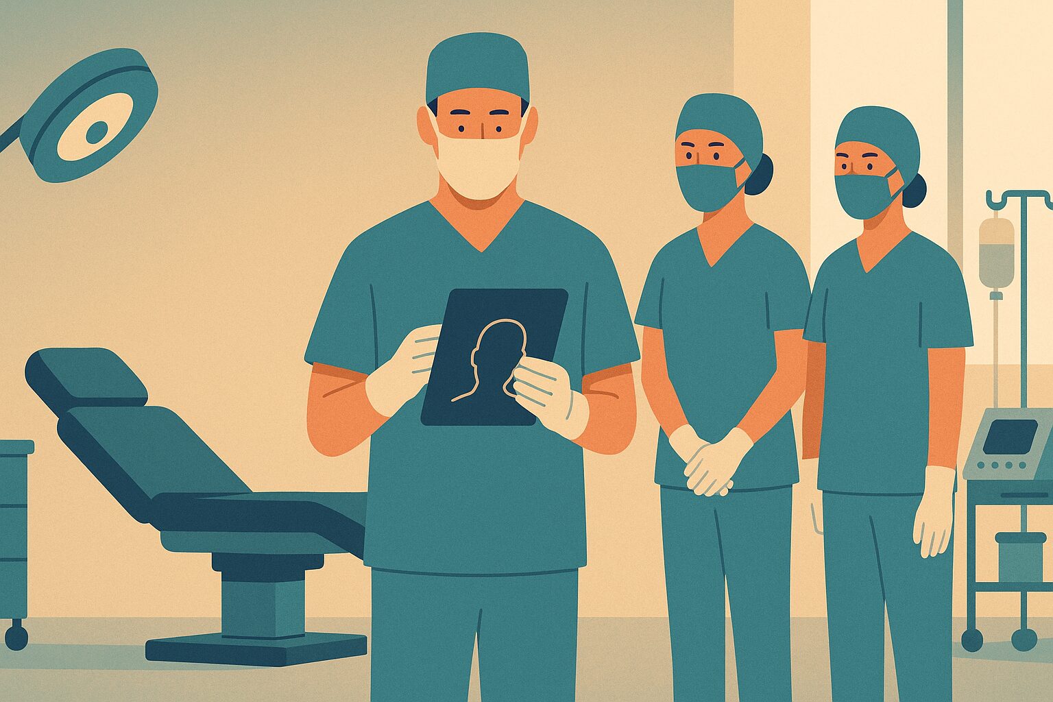 Illustration of a surgeon leading a hair transplant team, showing the difference between surgeon-led and technician-led procedures