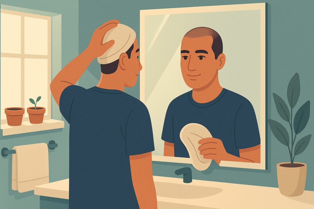 رسم توضيحي لرجل أمام المرآة بجوار أصص نباتات صغيرة ترمز لشكل الشعر المزروع بعد أسبوعين وبعد شهرين