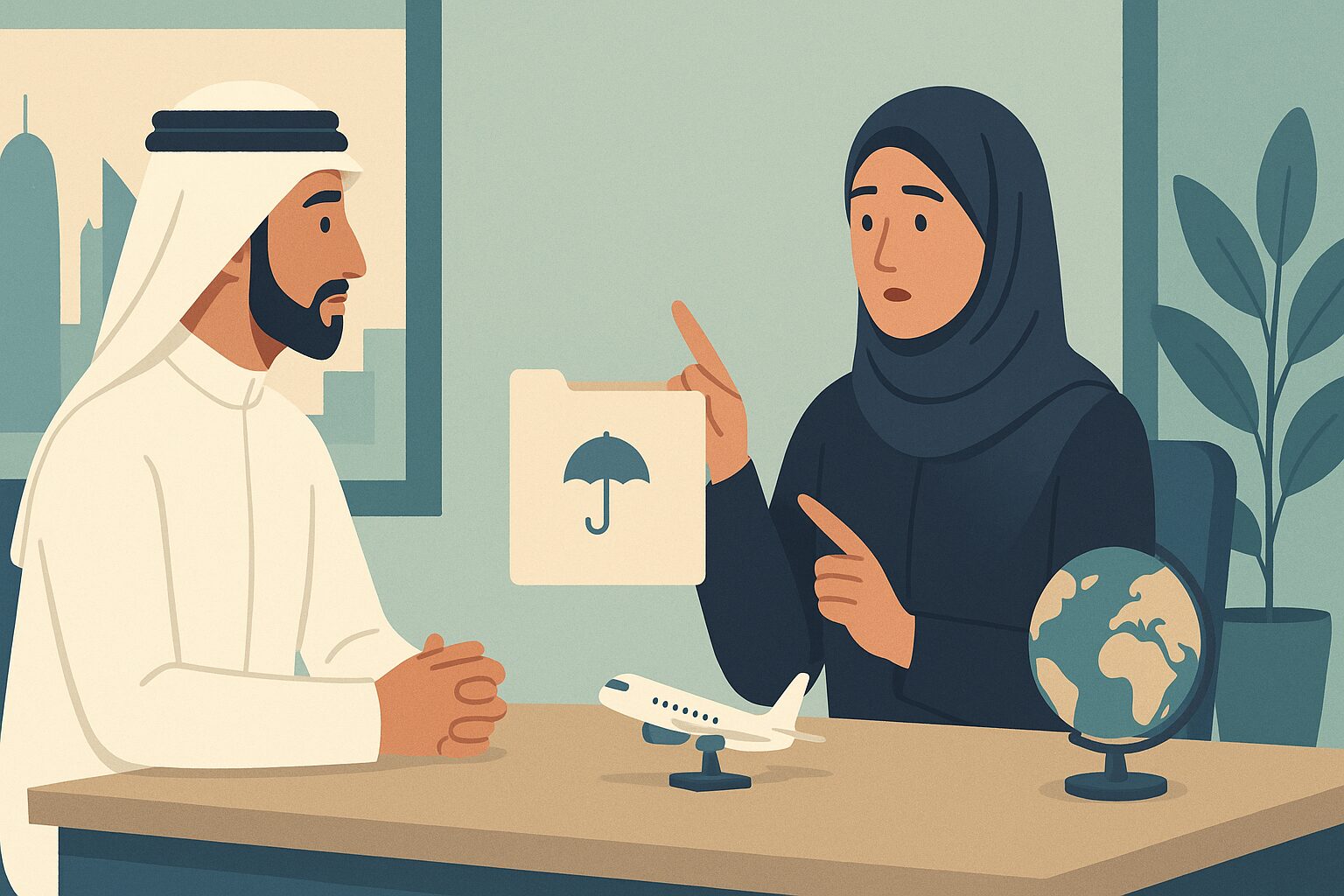 رسم توضيحي لمستشارة تأمين توضح لرجل قطري أن تأمين السفر لا يغطي زراعة الشعر في الخارج عادةً