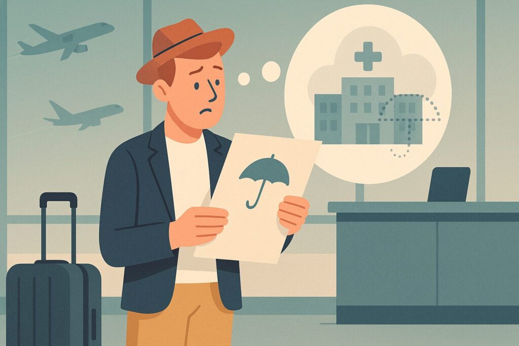 Illustration of a traveller realising his travel insurance does not cover a hair transplant abroad