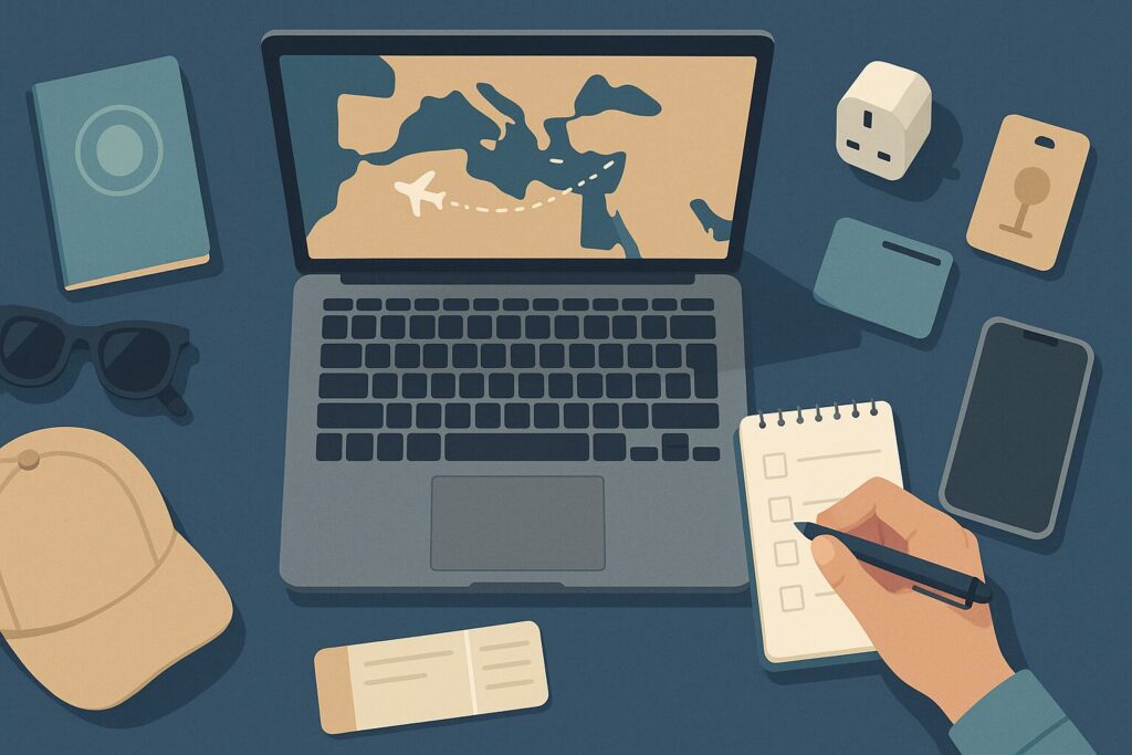 Illustration of travel essentials laid out while planning a trip to Egypt for a hair transplant