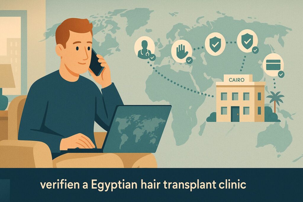 Illustration of a UK patient verifying a hair transplant clinic in Egypt remotely using a six-point checklist