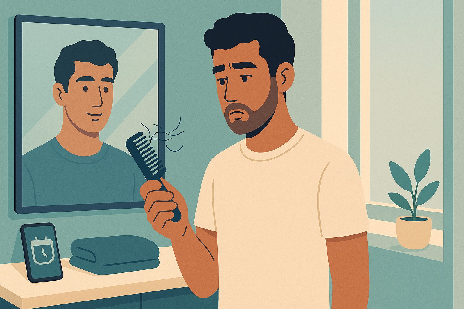رسم توضيحي لشاب ينظر إلى شعرات على المشط ويتساءل متى يكون تساقط الشعر خطيراً