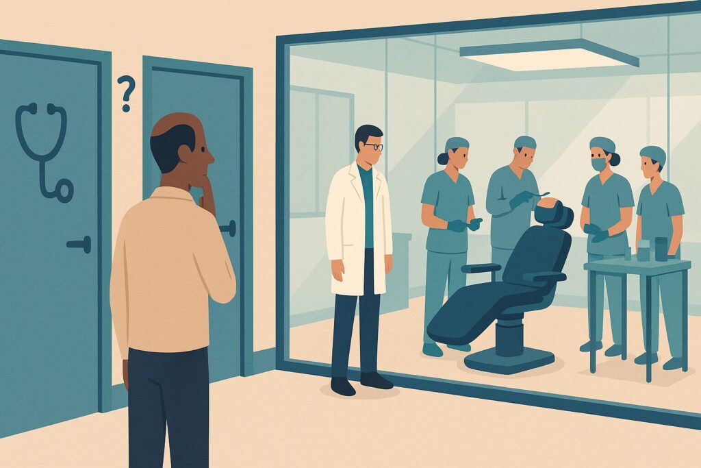 رسم توضيحي لمريض أمام بابين يرمزان للجراح والفني وخلفهما فريق عيادة زراعة شعر يعمل معاً