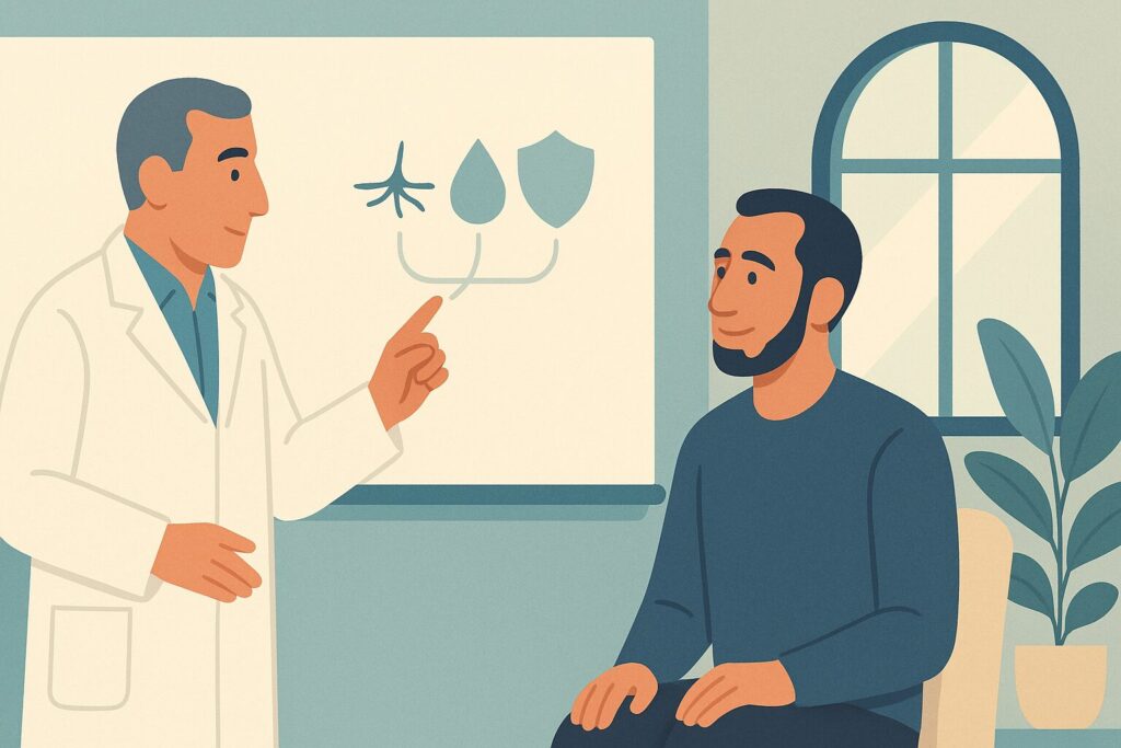 رسم توضيحي لجراح يشرح لشاب أسباب فشل زراعة الشعر برموز مبسطة