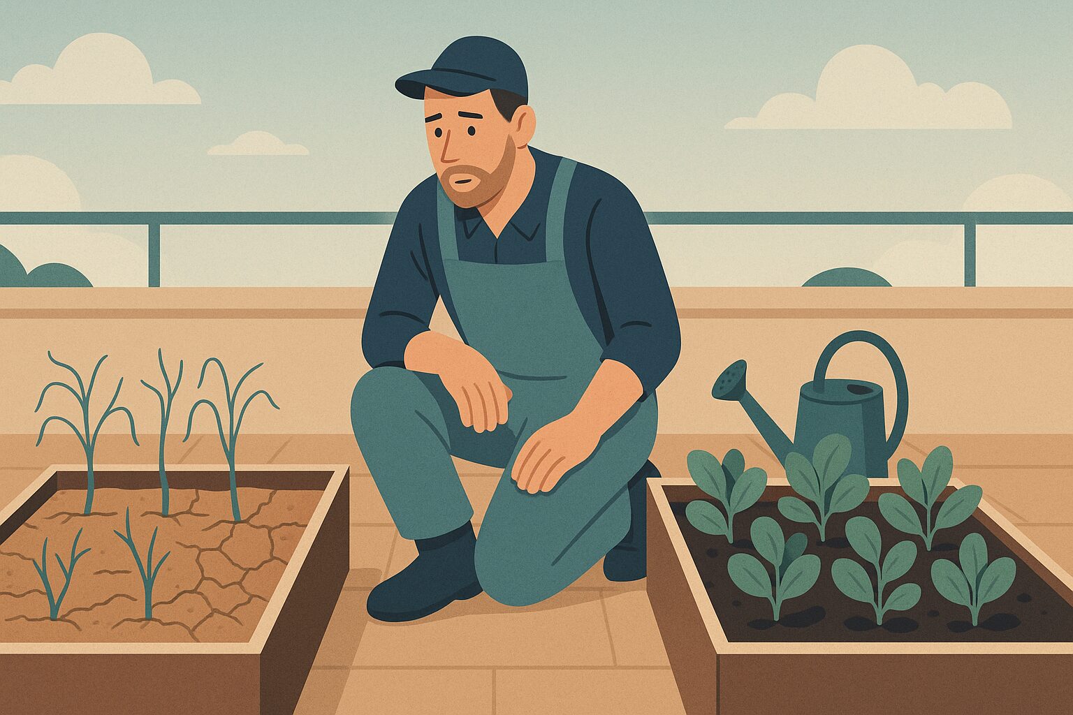 Illustration comparing a wilting overcrowded garden bed with a healthy one, a metaphor for why hair transplants fail