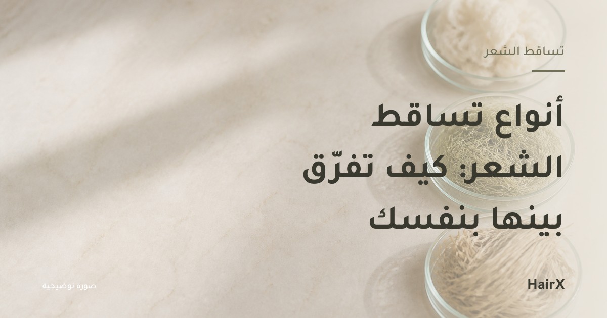 صورة توضيحية: ثلاثة أطباق زجاجية بألياف مختلفة — أنواع تساقط الشعر