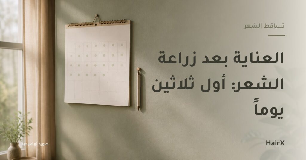 صورة توضيحية: نتيجة حائط بأيام مؤشّرة وقلم معلق — العناية بعد زراعة الشعر أول ثلاثين يوماً
