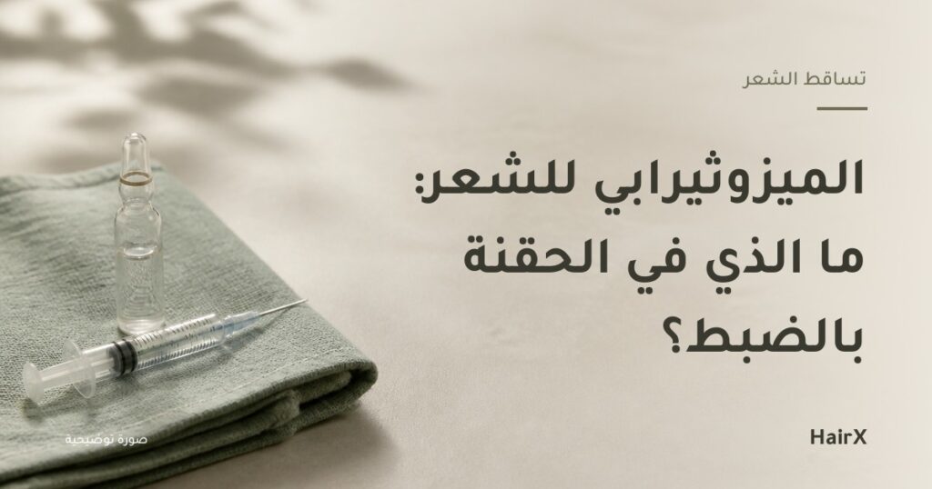 صورة توضيحية: حقنة دقيقة وأمبولة زجاجية على قماش معقم — الميزوثيرابي للشعر