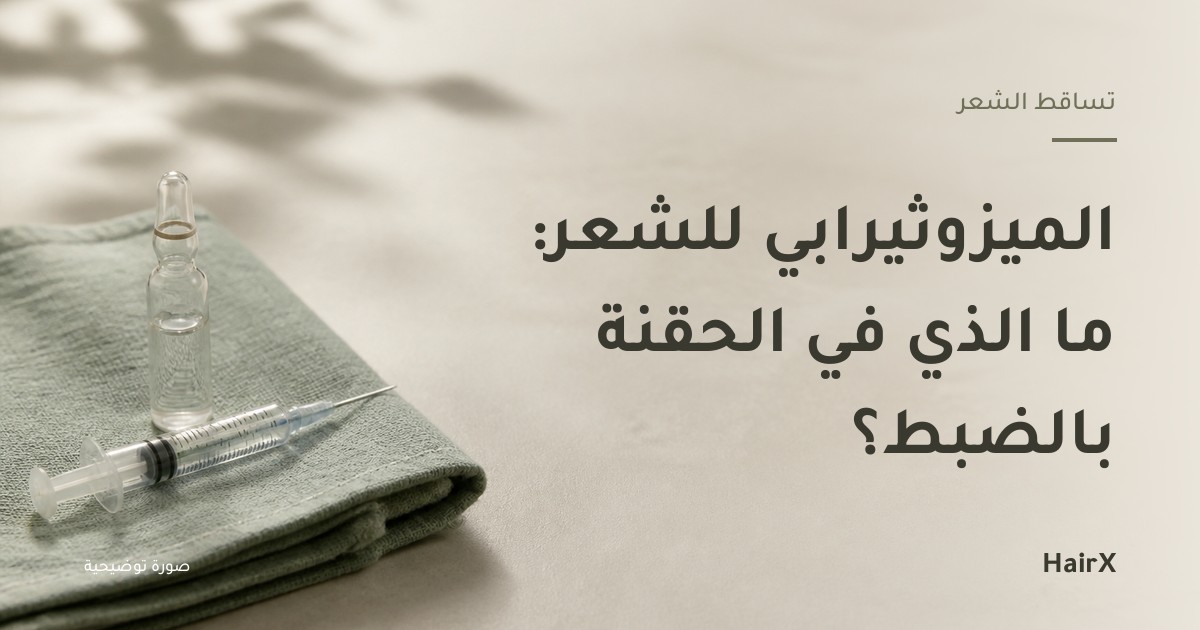 صورة توضيحية: حقنة دقيقة وأمبولة زجاجية على قماش معقم — الميزوثيرابي للشعر