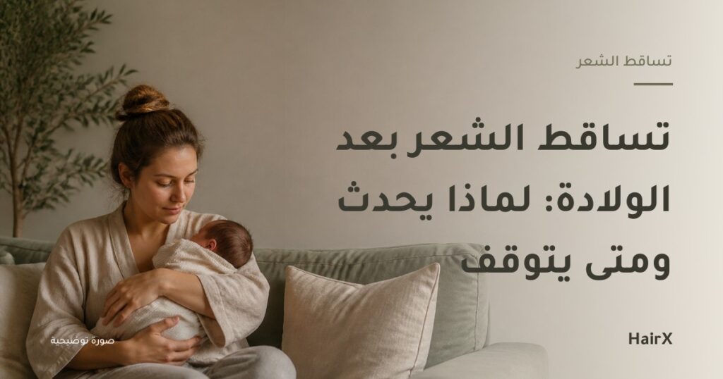 صورة توضيحية: أم تحمل مولودها على أريكة في ضوء الصباح — تساقط الشعر بعد الولادة
