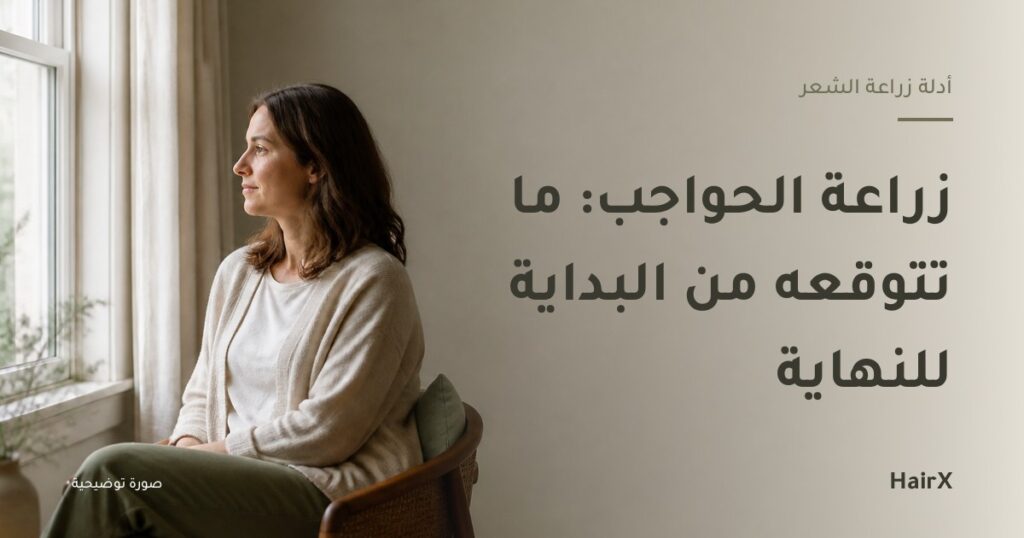 صورة توضيحية: امرأة جالسة أمام نافذة مضيئة — زراعة الحواجب