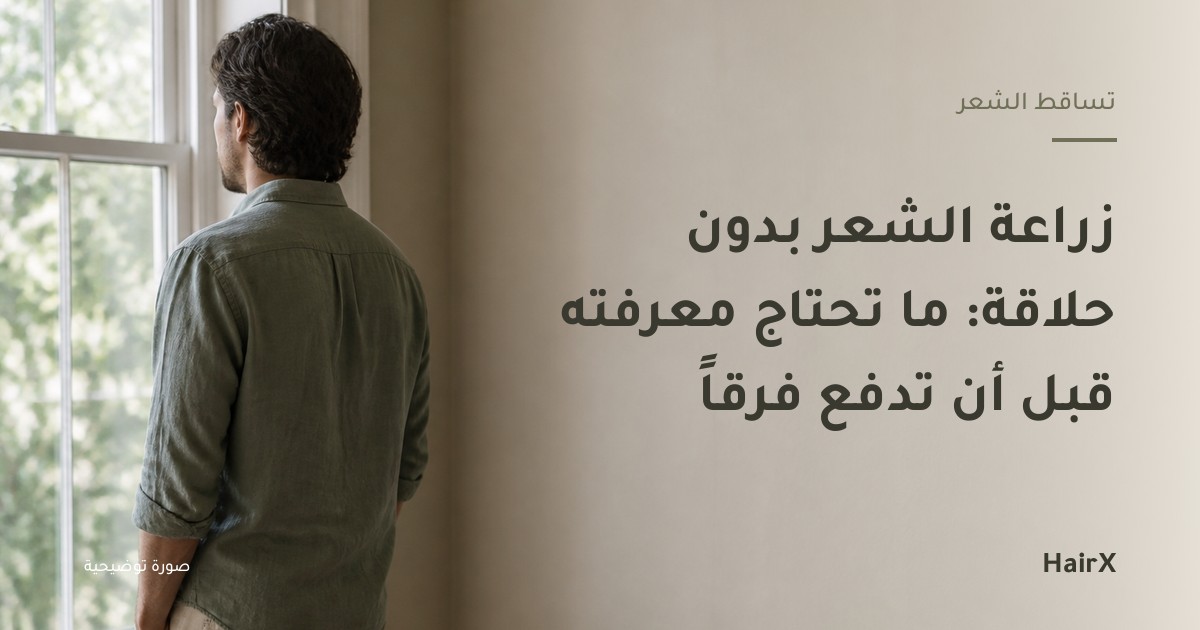صورة توضيحية: رجل بشعر متوسط الطول أمام نافذة في ضوء النهار — زراعة الشعر بدون حلاقة