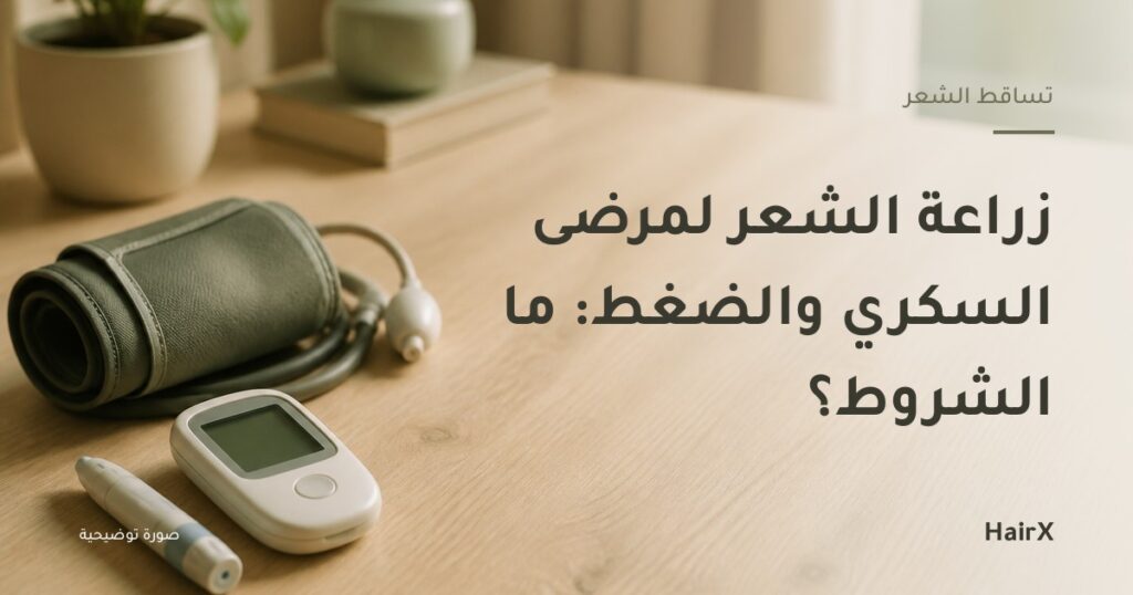 صورة توضيحية: جهاز قياس سكر وجهاز ضغط على طاولة خشبية — زراعة الشعر لمرضى السكري والضغط
