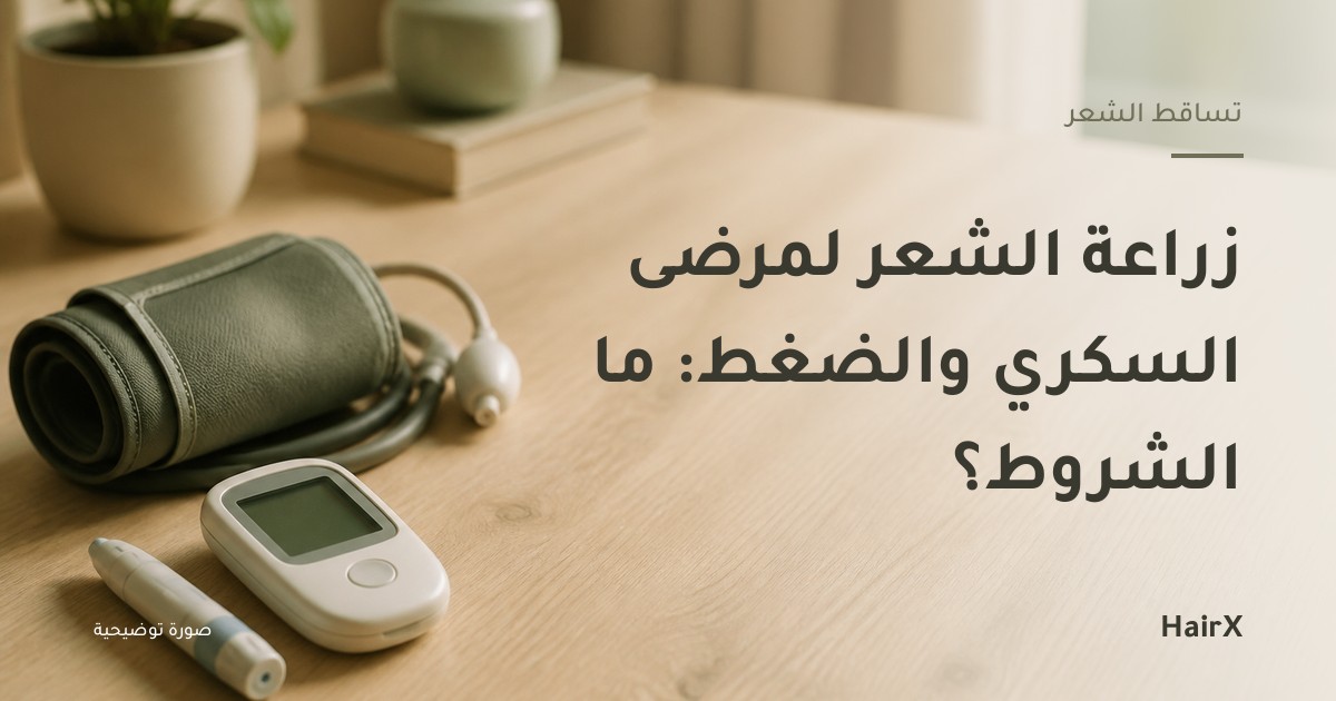صورة توضيحية: جهاز قياس سكر وجهاز ضغط على طاولة خشبية — زراعة الشعر لمرضى السكري والضغط